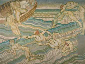 Seven mostly naked figures dive, swim and climb into a boat on choppy water, painted in repeated wavy stripes of blue and green