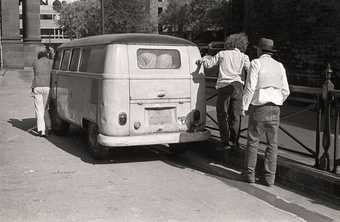 Fig.10 Joseph Beuys (right) with unidentified assistants pushing the Volkswagen camper van used in his work The Pack 1969 (Das Rudel) for Strategy: Get Arts at the Edinburgh College of Art, 1970