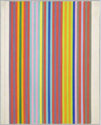 An abstract painting of narrow vertical stripes
