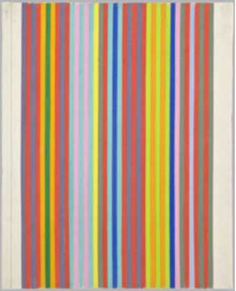 An abstract painting of narrow vertical stripes
