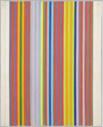 An abstract painting of narrow vertical stripes