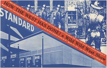 Fig.10 Blue-and-white print reproduction of one of Ed Ruscha's gas station paintings with a woodcut-style image of a Wild West shoot-out and red diagonal strip featuring the exhibition title and details