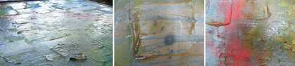 Figs.11a–c Frank Bowling, Sacha Jason Guyana Dreams, details of gel application with small touches of oil paint © Frank Bowling. All Rights Reserved, DACS 2019