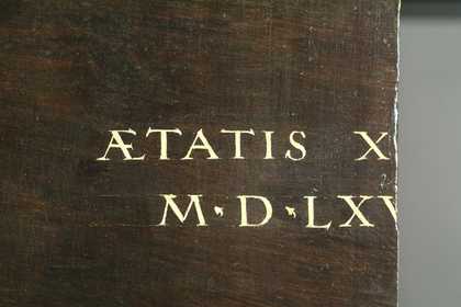 Fig.11 Detail of the background inscription, showing streakily applied dark brown paint that allows the paler underpaint to show through.