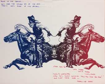 Fig.11 Red and blue print of cowboys on horseback – poster for the exhibition How The West Was Won at Fresno State Art Gallery in 1971