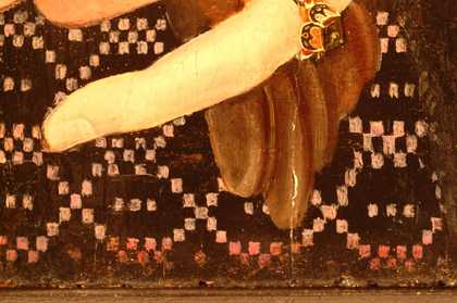 Fig.11 Unfaded pink paint along the bottom edge, where it has been protected from light by the rebate of the frame