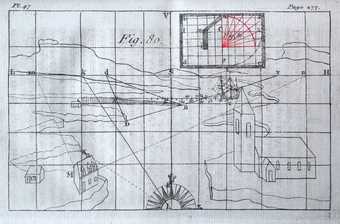 A page showing the outlines of a landscape scene and buildings, with a grid, lines and letters laid over it and a smaller rectangular grid at the top, right of centre.