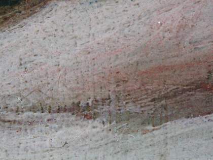 Fig.12 Detail of the fingers at x10 magnification, showing what appears to be underdrawing in red lake paint