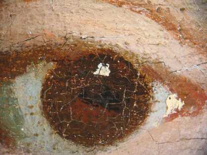 Fig.12 Three shades of blue used in the sitter’s right eye, plus brick red paint reinforcing the socket, photographed at x8 magnification