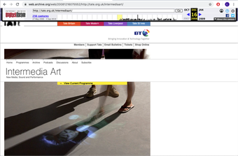 A webpage featuring a large title set over a photograph of two pairs of feet that have an image projected on the floor in front of them, and a menu that includes ‘View Current Programme’.