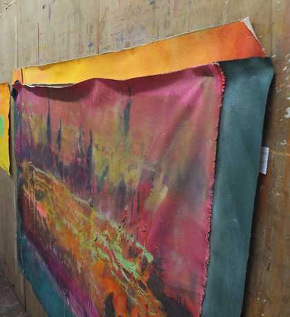 Fig.12a Unstretched sections of canvas arranged on the wall as Bowling decided on the final shape for Suddenly 2014