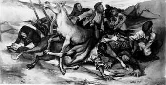 Black-and-white image of a semi-abstract painting featuring a chaotic composition of entangled figures lying or writhing on the ground, with a distressed horse rearing up in their midst, all set in a rocky landscape.