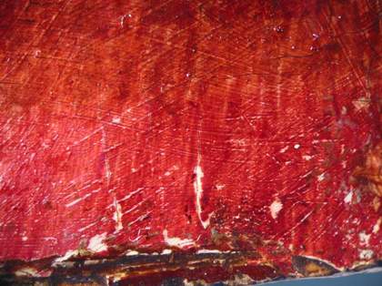 Fig.13 George Gower Lady Kytson Close-up detail of the original red glaze at the lower edge