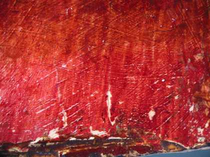 Fig.13 George Gower Lady Kytson Close-up detail of the original red glaze at the lower edge
