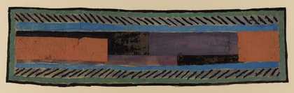 An abstract composition featuring coloured, horizontal rectangles and rows of short dark diagonal lines