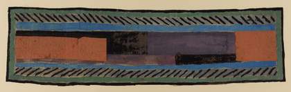 An abstract composition featuring coloured, horizontal rectangles and rows of short dark diagonal lines