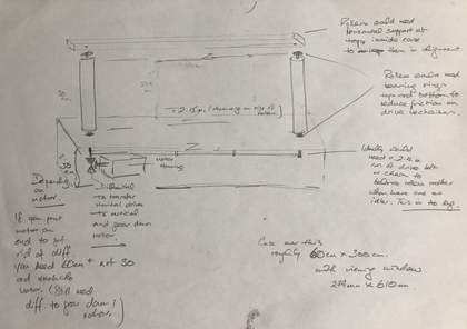 A hand-drawn, annotated diagram of a mechanical object