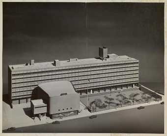 Photograph of the architectural model of the New York School of Printing, designed by architects Kelly and Gruzen, 1958