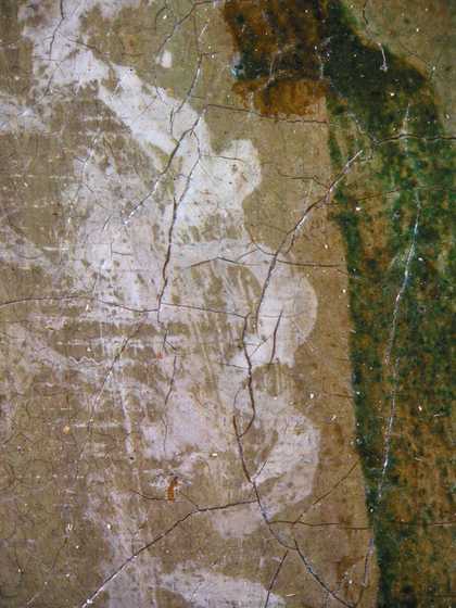 Fig.14 Detail at x10 magnification of the apron of the middle child, showing the priming left visible as a tone in the composition