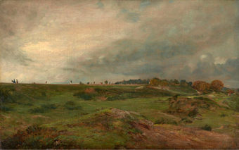 A country scene showing grass and bushes in the foreground and figures walking along a path on the horizon.