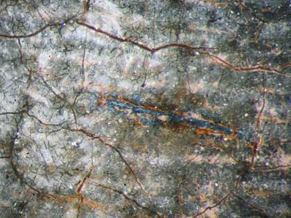 Fig.15 Detail at x8 magnification of the sash, showing a line of the original, unfaded indigo blue