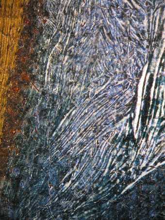 Fig.15 Detail photographed at x8 magnification of the lining of Porter’s cloak, showing two types of blue pigment – ultramarine and probably indigo – used as glazes over thick, opaque underpainting