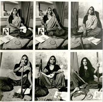 A sequence of six photographs, five of which show a figure in a headscarf posing with various objects, including a staff and an axe, and the sixth showing a different figure posing with the same objects.