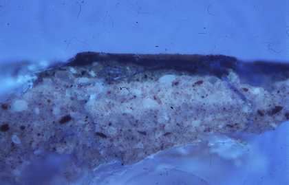 Fig.16 Cross-section though mustard yellow decoration on the suit of armour at the left edge, photographed at x200 magnification in ultraviolet light.