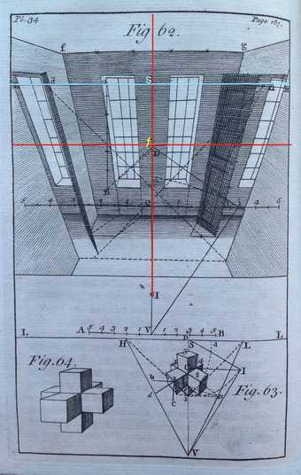 A diagram of a set of tall windows seen from a high angle, with a grid, letters and numbers drawn over it.