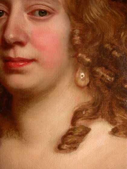 Fig.17 Detail of the older woman’s face, showing the muted tones of the first painting or dead colouring allowed to show as the recessive areas of face and neck: the eye sockets, the far side of her neck, the ringlet and the skin immediately around it