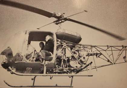 Fig.17 Francis with a news crew in a helicopter over Tokyo Bay before his Sky Painting took place, 1966