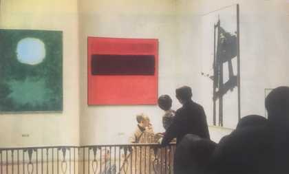 Fig.17 Staircase installation, Tate Gallery, London, 1962, featuring (left to right) Adolph Gottlieb, Green Expanding 1960, Mark Rothko, Black Stripe 1958 and Franz Kline, Light Mechanic 1960