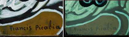 Detail of signature in visible light and ultraviolet light