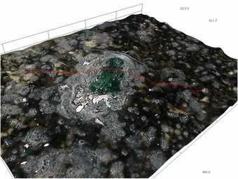High-resolution 3D view of a deep green transparent pigment particle pushing through the black reticulated paint