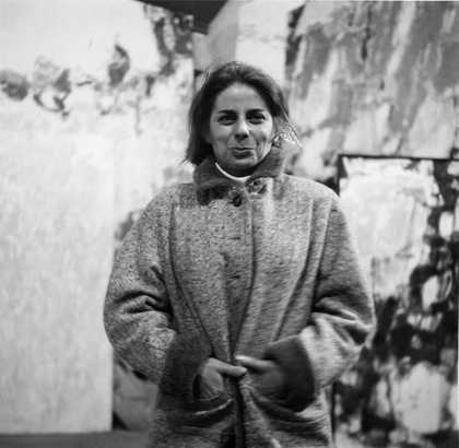 Fig.18 Rachel Jacobs in Sam Francis’s Arcueil studio, c.1956, with (clockwise from upper left) Basel Mural III 1956–8 in progress, Untitled 1956, Untitled 1956 and Amerika (Grey Blue) c.1952