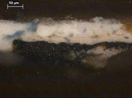 Fig.19 Cross-section through the highlight on the white cuff, photographed at x320 magnification.