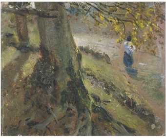 A scene featuring two trees on the left with their branches extending across the top right of the image, and a figure just below the branches on a path bordered by grass.