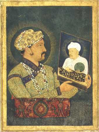 An ornately dressed figure is shown in profile holding a portrait of another figure, who holds a green orb.