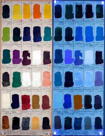 Fig.1 A Winsor & Newton Artists’ Oil Colour swatch dating to 1957, shown in tungsten and ultraviolet (UV) light. A collection of swatches was donated by ColArt UK to Tate for research purposes in 2011. Photo by Judith Lee © Tate