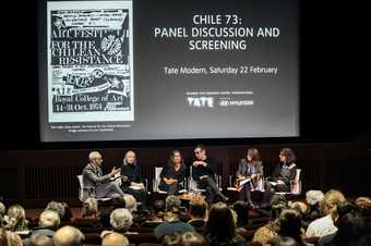 Photo of the six-person panel discussion onstage at Tate Modern for Chile 73 – Panel Discussion and Screening