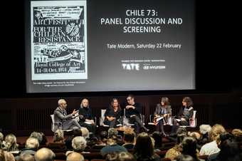 Photo of the six-person panel onstage at Tate Modern, with a projected title screen overhead and audience in the foreground