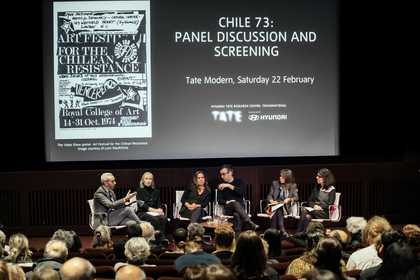 Photo of the six-person panel onstage at Tate Modern, with a projected title screen overhead and audience in the foreground