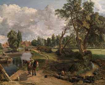 A country scene with figures and a horse in the foreground, large trees on the right and a river on the left that recedes into the distance.