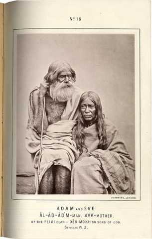 A portrait of two people wrapped in cloth, one with long hair and the other with a beard.