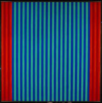 Abstract painting with vertical stripes in reds and blues