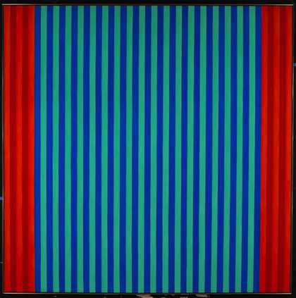 Abstract painting with vertical stripes in reds and blues