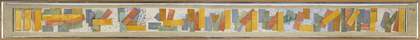 A very long collage of coloured rectangles arranged in vertical, horizontal and diagonal positions to form an abstract composition