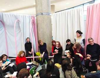 Fig.1 The ‘Dimensions of Care’ workshop, led by Elke Krasny, Hannah Wallenfells and Soft Agency, during (Un-)Learning Place at the Haus der Kulturen der Welt, Berlin, 9–13 January 2019