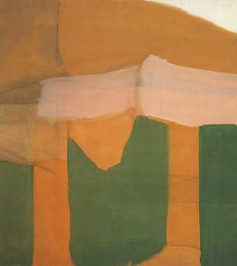Fig.1 Water 1961, by James Bishop, an abstract painting in green, orange, pale pink and beige