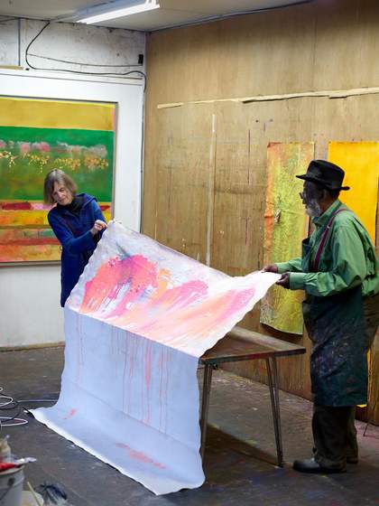 Fig.23 Frank Bowling working with his partner, Rachel Scott